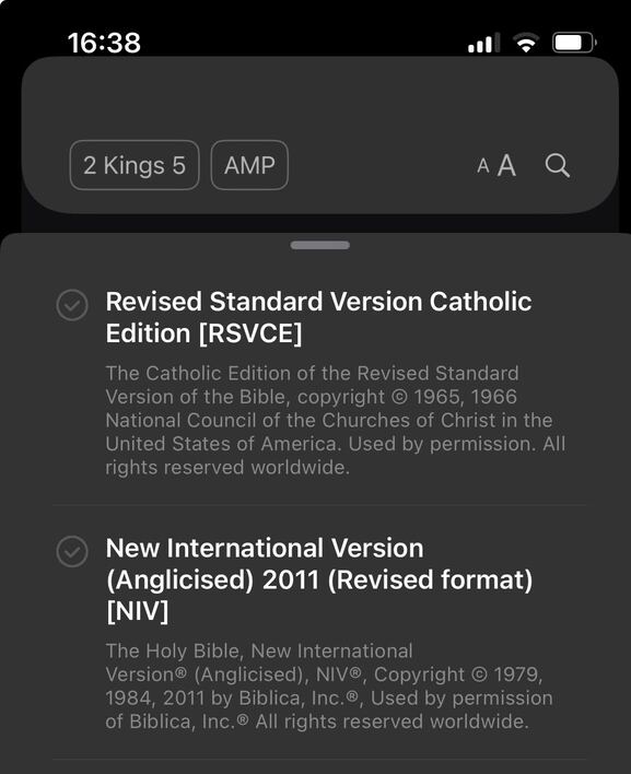 in app Bible Versions