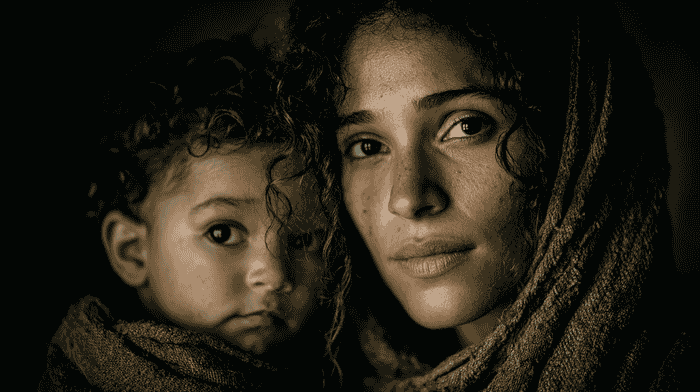 Representación de María y un niño Jesús