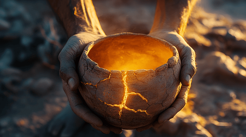 image with Hands cradling a worn clay