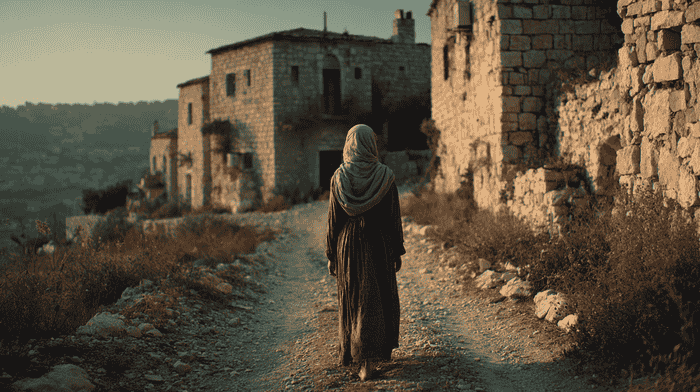 A young Mary walking the streets of Nazareth